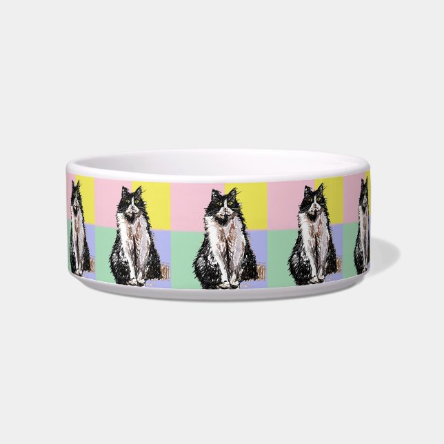 Tuxedo Cat Pastel Colors Pink Pet Name Bowl (Front)