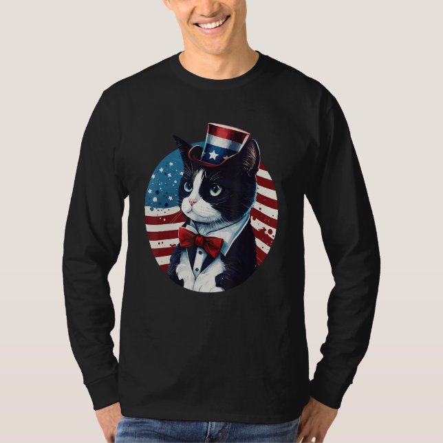 Tuxedo Cat Patriot USA 4th of July Men Women T-Shirt (Front)