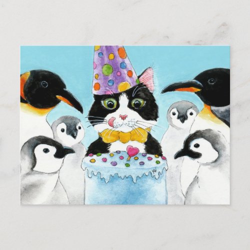 Tuxedo cat penguins birthday cake postcard