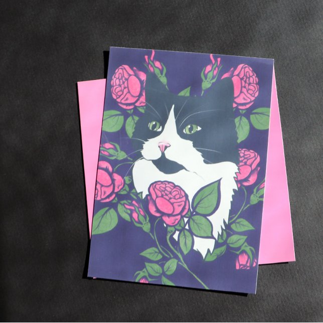 Tuxedo Cat Peony Floral Art Tuxie Cat Postcard (Creator Uploaded)