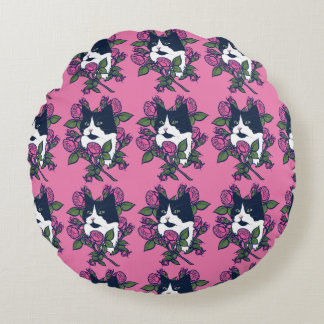 Tuxedo Cat Peony Floral Art Tuxie Cats Round Pillow