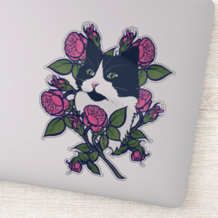 Tuxedo Cat Peony Floral Art Tuxie Cats Sticker