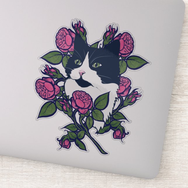 Tuxedo Cat Peony Floral Art Tuxie Cats Sticker (Detail)