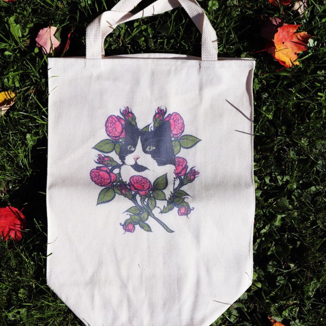 Tuxedo Cat Peony Floral Art Tuxie Cats Tote Bag (Creator Uploaded)