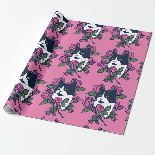 Tuxedo Cat Peony Floral Art Tuxie Cats Wrapping Paper (Unrolled)
