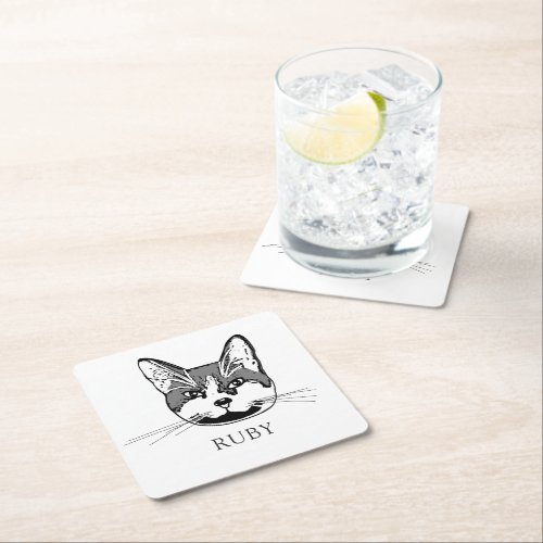 Tuxedo Cat Personalized Hand Drawing Square Paper Coaster
