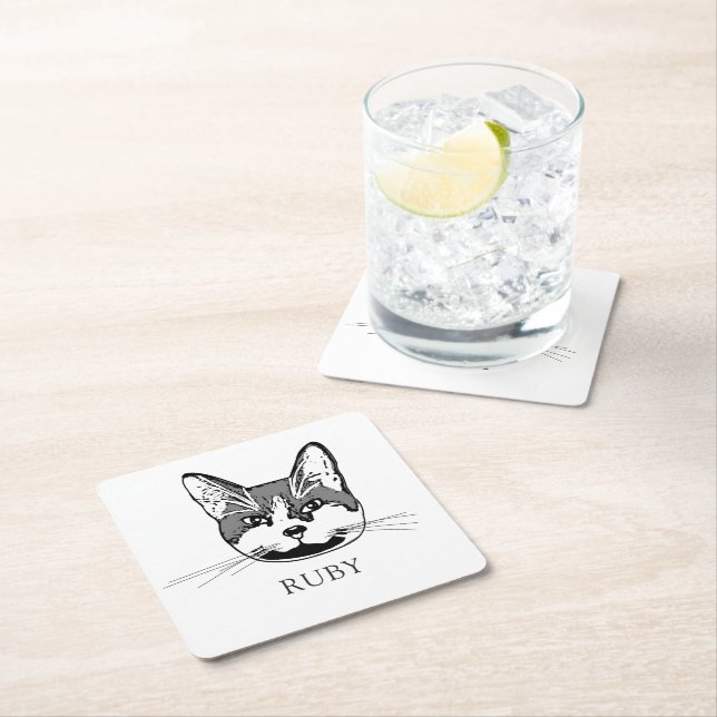 Tuxedo Cat Personalized Hand Drawing Square Paper Coaster (Insitu)