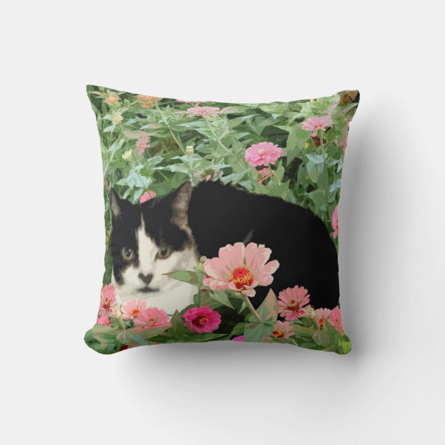 Tuxedo Cat Pillow (Floral) (Front)