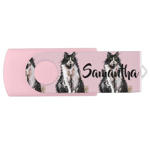 Tuxedo Cat Pink Black Girls Customizable Name USB Flash Drive