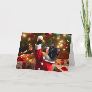 Tuxedo Cat Play with Christmas Ball on Tree Card