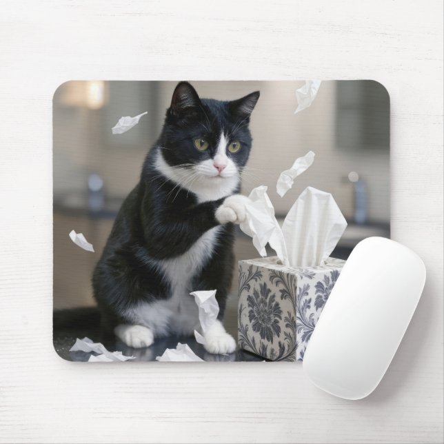 Tuxedo Cat Playing with a Tissue Box Mouse Pad (With Mouse)