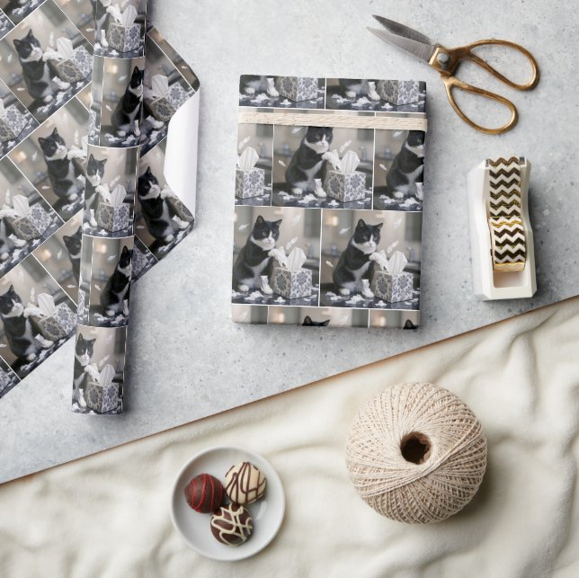 Tuxedo Cat Playing with a Tissue Box Wrapping Paper (Crafts)
