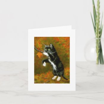 Tuxedo Cat Playing With Leaves Note Card by KMCoriginals at Zazzle