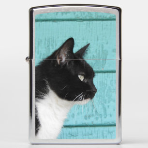 Tuxedo Cat Profile Against Teal Zippo Lighter