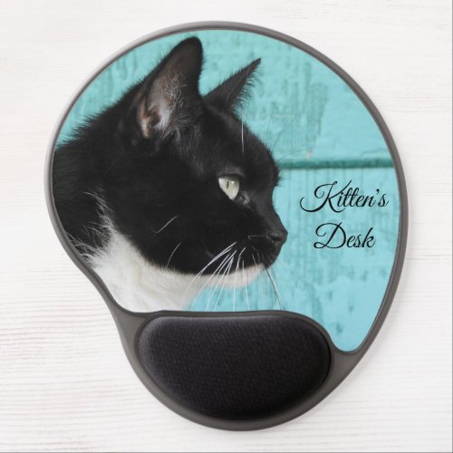 Tuxedo Cat Profile on Aqua personalized Gel Mouse Pad