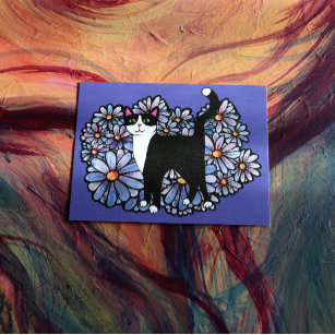 Tuxedo Cat Purple Daisies Art                      Postcard