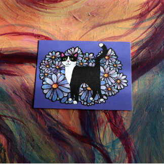 Tuxedo Cat Purple Daisies Art Postcard