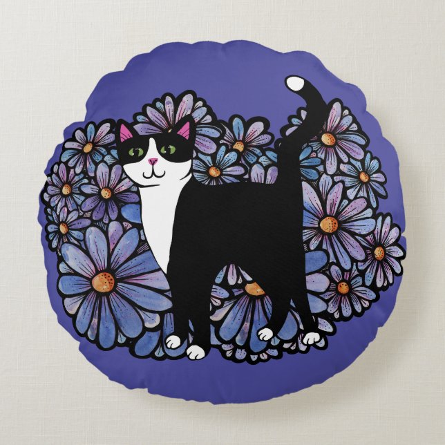 Tuxedo Cat Purple Daisies Art                      Round Pillow (Front)