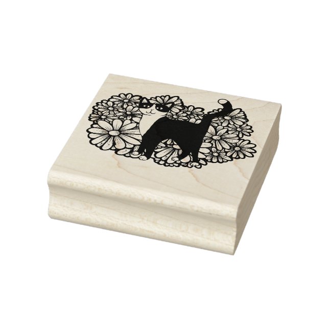 Tuxedo Cat Purple Daisies Art                      Rubber Stamp (Stamp)