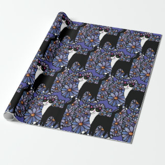 Tuxedo Cat Purple Daisies Art                      Wrapping Paper