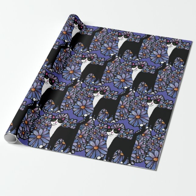 Tuxedo Cat Purple Daisies Art                      Wrapping Paper (Unrolled)