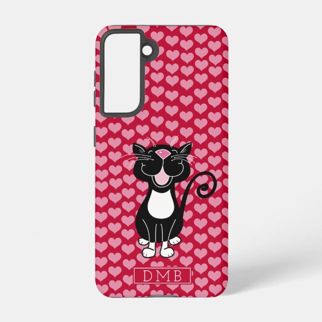 Tuxedo Cat Red Hearts Pattern Monogram Samsung Galaxy Case (Back)