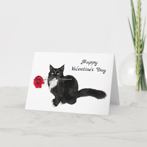 Tuxedo Cat Red Rose Valentines Day Card