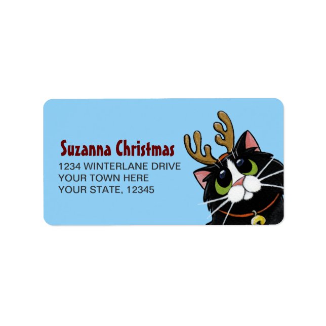 Tuxedo Cat Reindeer Christmas Label (Front)