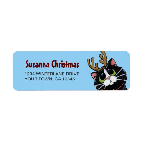 Tuxedo Cat Reindeer Christmas Return Address Label