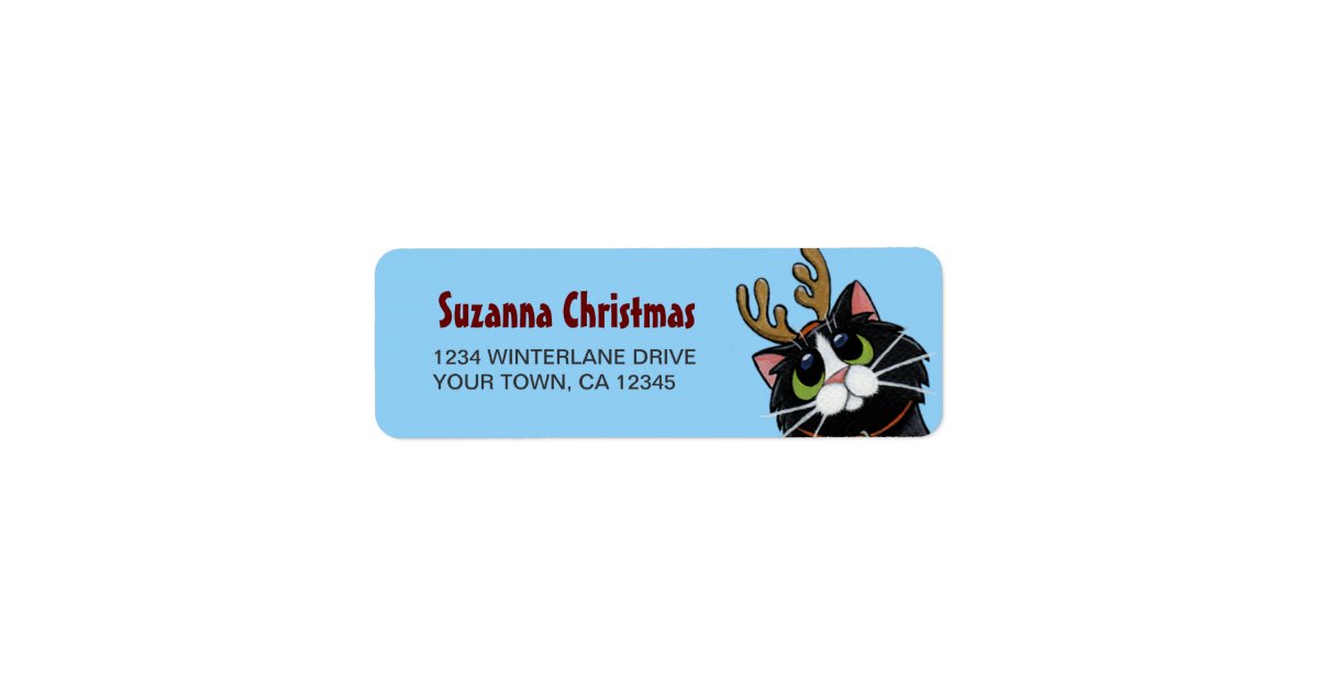 Tuxedo Cat Reindeer Christmas Return Address Label | Zazzle