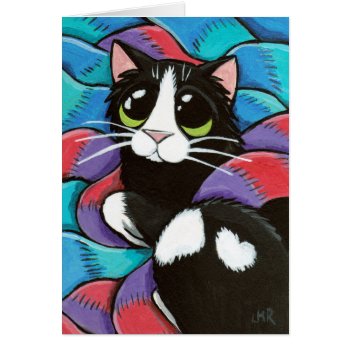 Tuxedo Cat Resting On Scarves Art Card by LisaMarieArt at Zazzle