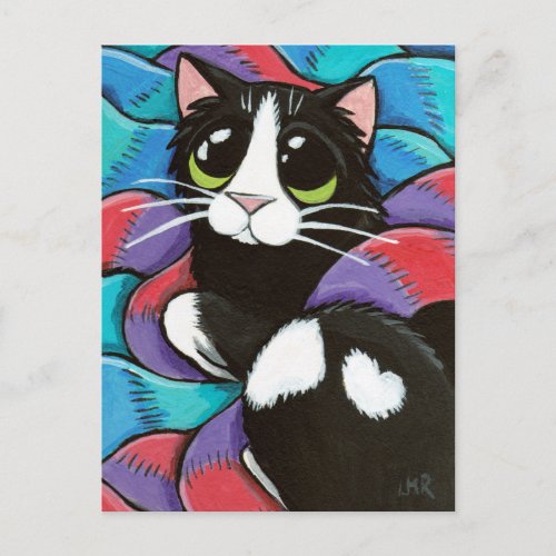 Tuxedo Cat Resting on Scarves Art Postcard