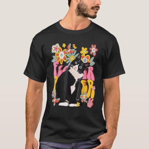 Tuxedo Cat Retro 60s 70s Vibe Flowers Peace Sign V T_Shirt