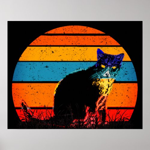 Tuxedo Cat Retro Style Vintage Sunset Poster