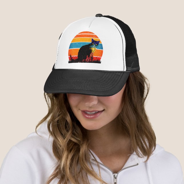 Tuxedo Cat Retro Style Vintage Sunset Trucker Hat (In Situ)
