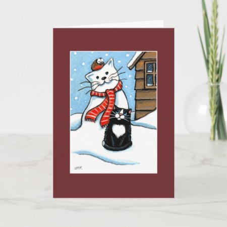 Tuxedo Cat, Robin & Snowman Christmas Card