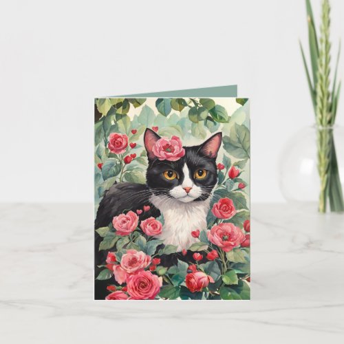 Tuxedo Cat  Roses Valentines Day Card