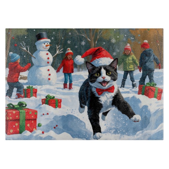 Tuxedo Cat Running in Snow with Christmas Hat Cutting Board (Front)