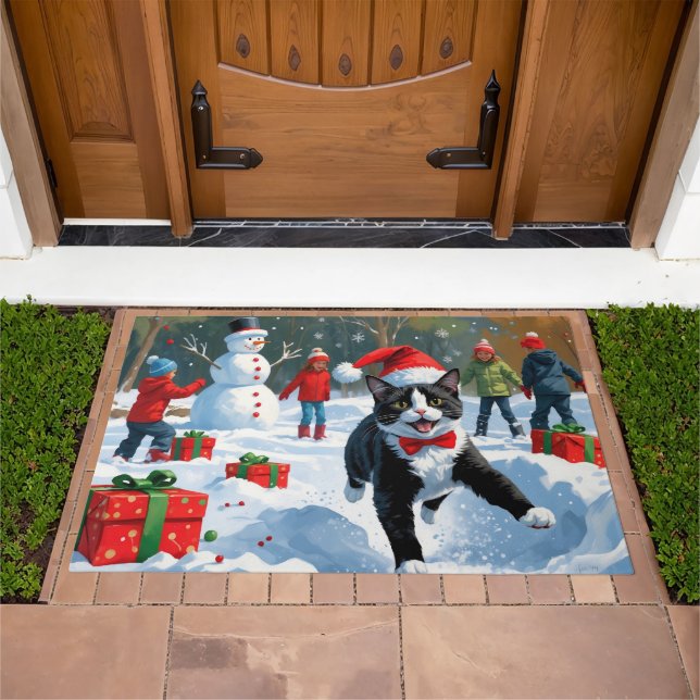 Tuxedo Cat Running in Snow with Christmas Hat Doormat (Outdoor)
