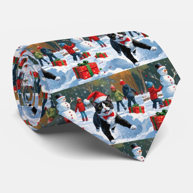 Tuxedo Cat Running in Snow with Christmas Hat Neck Tie (Rolled)