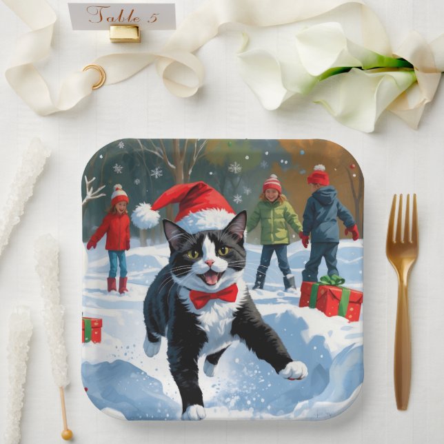 Tuxedo Cat Running in Snow with Christmas Hat Paper Plates (Wedding)