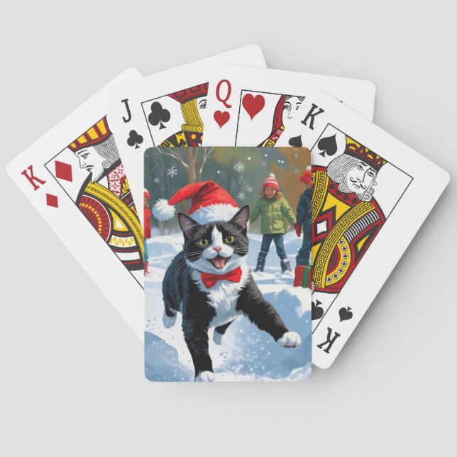 Tuxedo Cat Running in Snow with Christmas Hat Poker Cards (Back)
