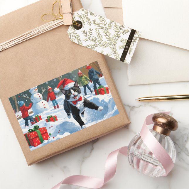 Tuxedo Cat Running in Snow with Christmas Hat Rectangular Sticker (Gifting)