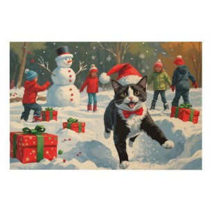 Tuxedo Cat Running in Snow with Christmas Hat Wood Wall Art