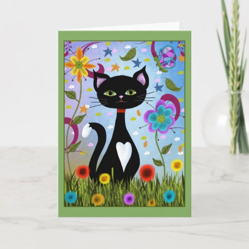 Tuxedo Cat Sitting In A Garden Card