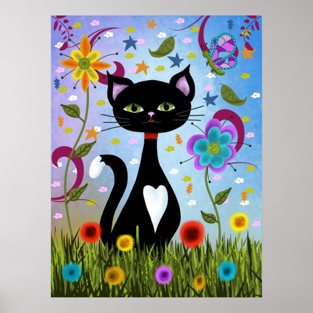 Tuxedo Cat Sitting In A Garden Poster (Front)