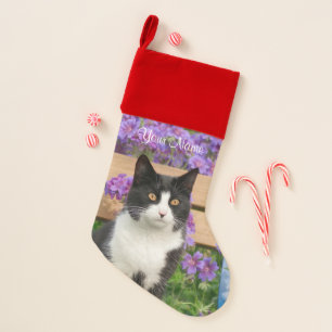 Tuxedo Cat Sitting on a Garden Chair with Flowers  Christmas Stocking