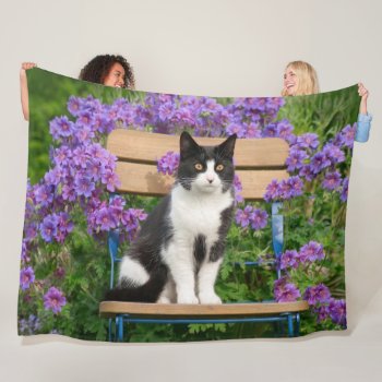 Tuxedo Cat Sitting On A Garden Chair With Flowers Fleece Blanket by Kathom_Photo at Zazzle