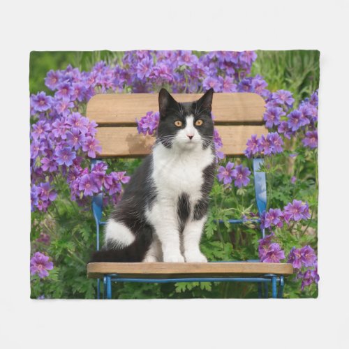 Tuxedo cat sitting on a garden chair with flowers fleece blanket