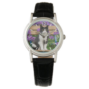 Tuxedo cat sitting on a garden chair with flowers watch